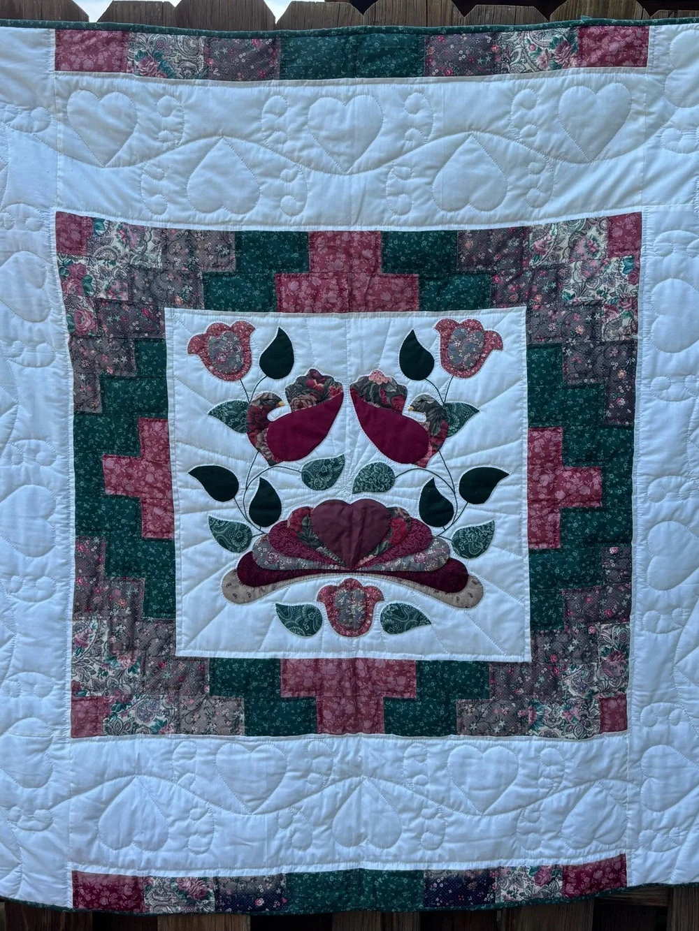 Hand stitched Amish Floral wall hanging Quilt - Burgundy, Green & white 53”x 53”